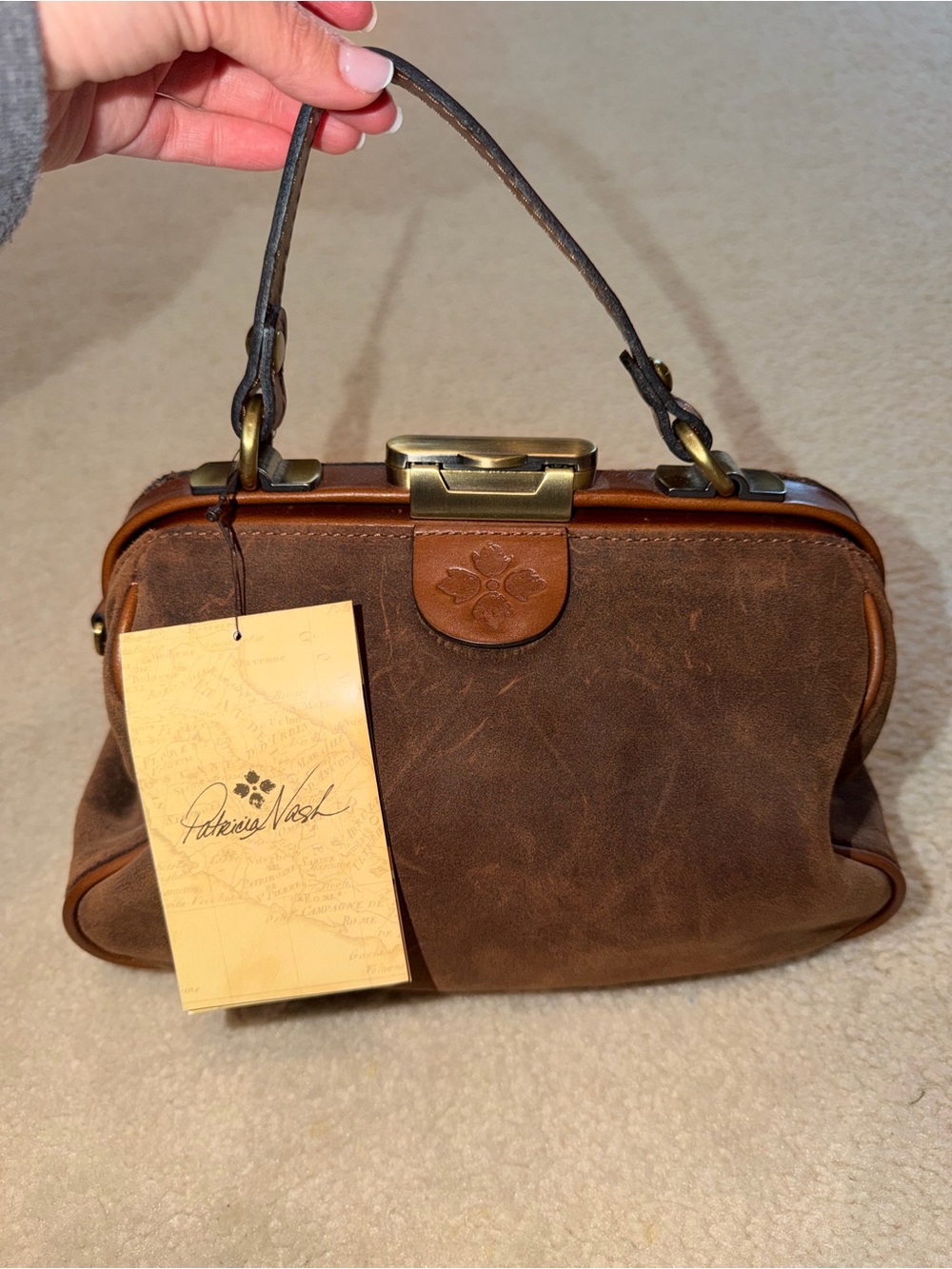 Patricia Nash Brown Suede & Leather Frame-Top Satchel